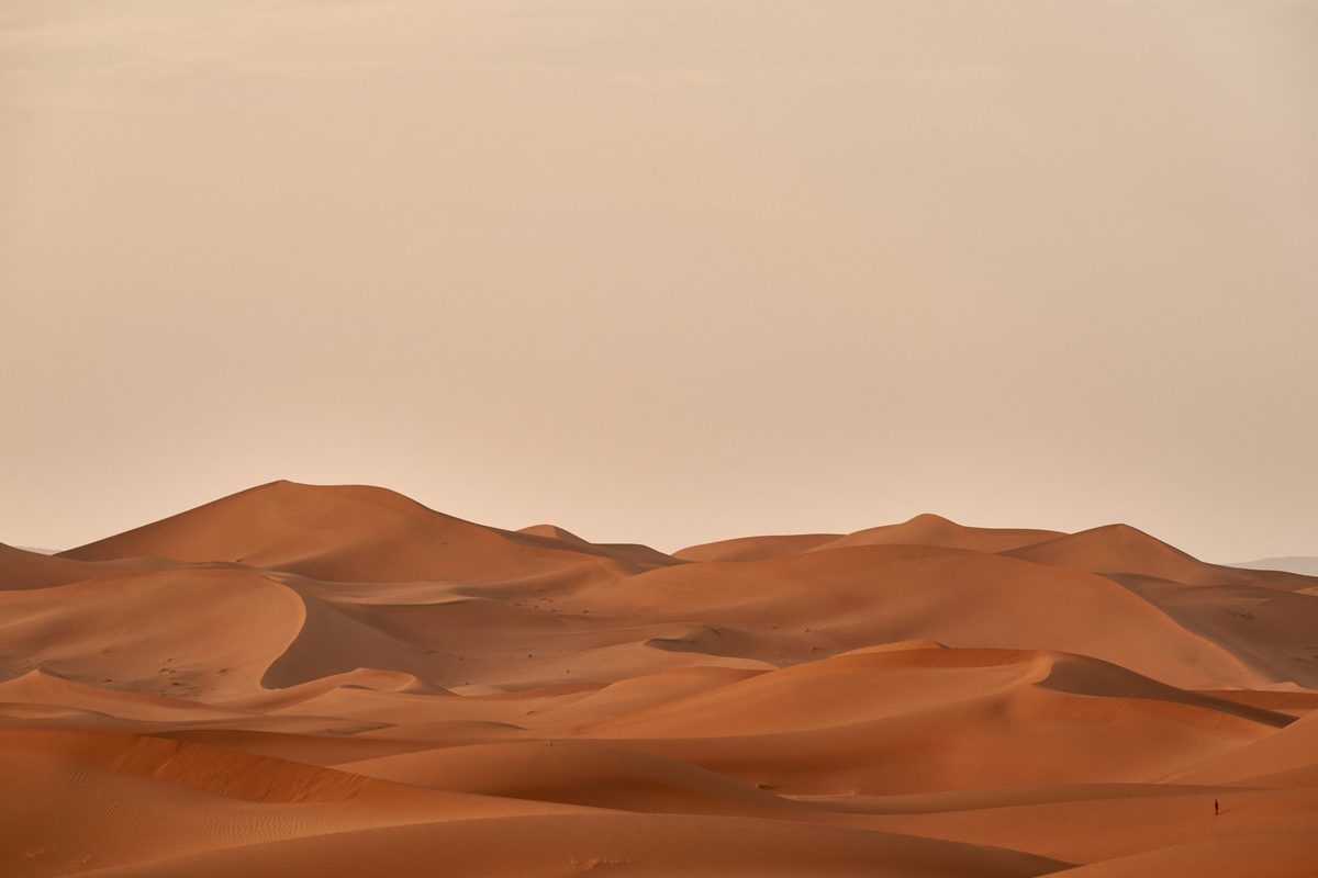 Paisaje de dunas de arena con varios picos y valles reales recortados contra el cielo, la masa de arena rellenando todo el espacio bajo esa silueta hasta la base: la misma anatomía de un area chart, donde el relleno bajo la curva —no solo la línea— es lo que comunica la magnitud acumulada