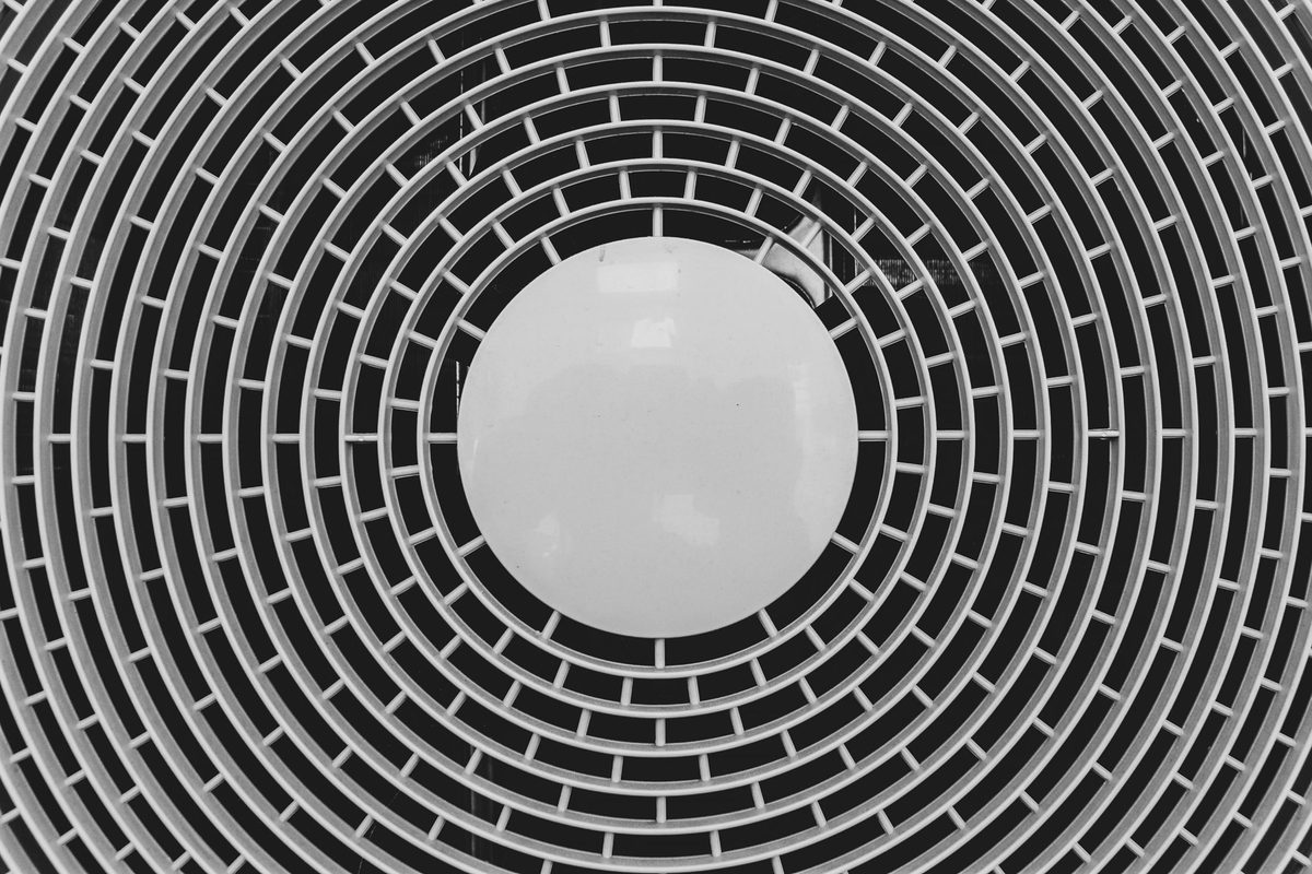 Rejilla circular en blanco y negro con anillos concéntricos de radio parejo y grosor constante: la misma anatomía de un radial bar chart, donde cada anillo ocupa siempre el mismo carril y es el barrido angular, no el radio, el que varía